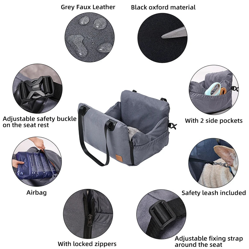 Dog Car Seat Bed for Small Dogs - Inflatable, Washable Booster with Safety Leash
