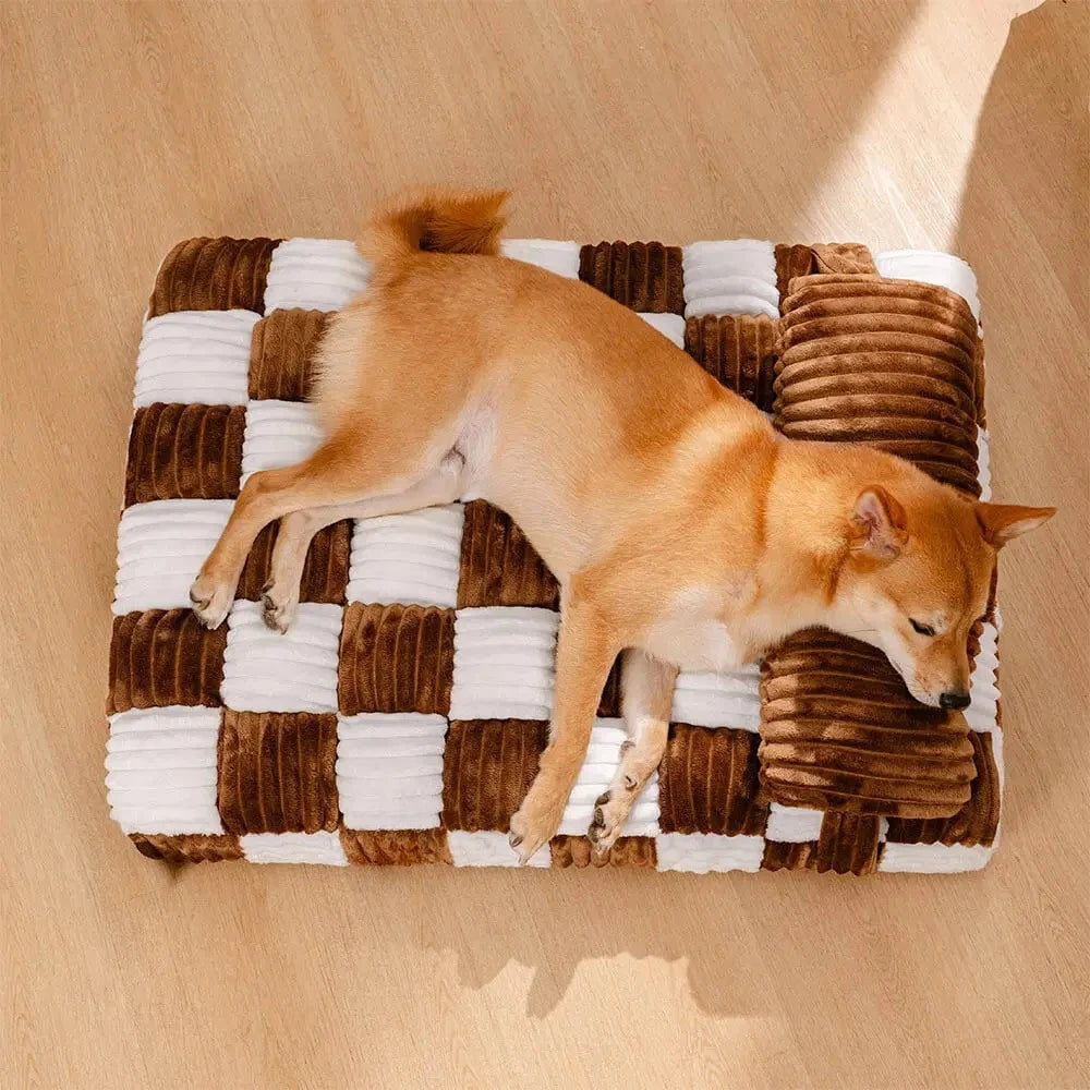 Handmade Plush Orthopaedic Dog Bed with Pillow – Square Comfort Mattress for Large & Small Dogs, Warm & Soft Washable Pad, Non‑Slip Base