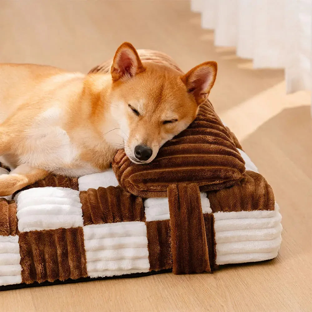 Handmade Plush Orthopaedic Dog Bed with Pillow – Square Comfort Mattress for Large & Small Dogs, Warm & Soft Washable Pad, Non‑Slip Base