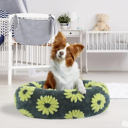Plush Round Donut Dog Bed with Raised Edges and Anti-slip Bottom