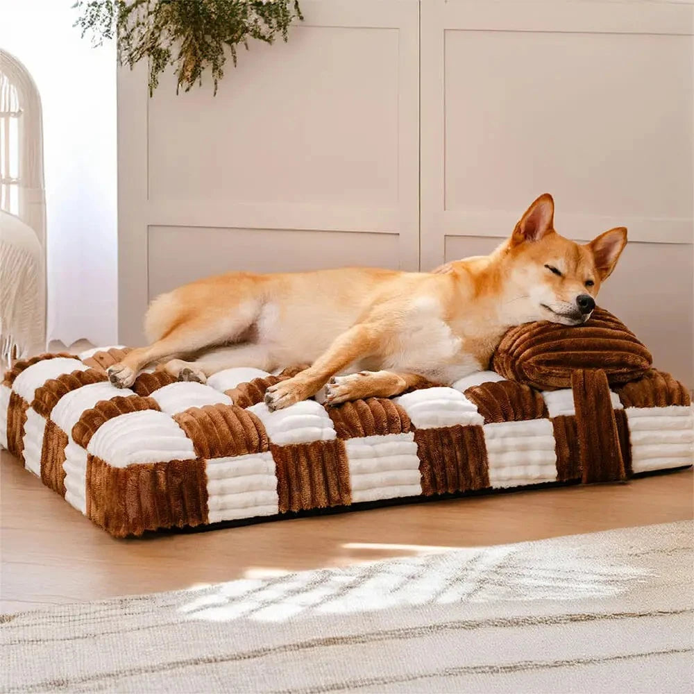 Handmade Plush Orthopaedic Dog Bed with Pillow – Square Comfort Mattress for Large & Small Dogs, Warm & Soft Washable Pad, Non‑Slip Base