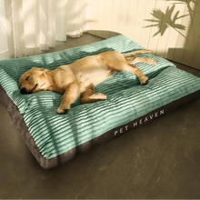 Dog lying on a green and gray pet bed with 'Pet Heaven' branding, in a room with curtains and a plant.